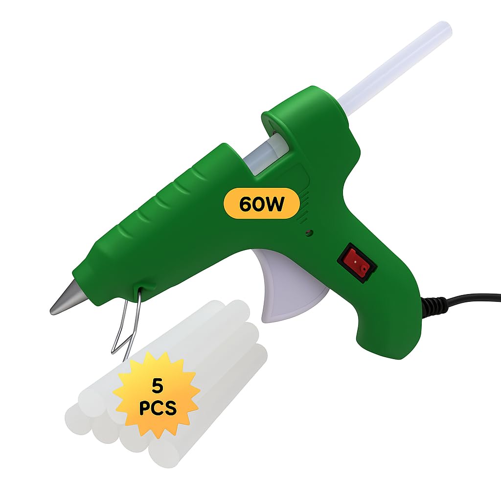 Glue Gun 60W with 5 Glue Sticks (11mm, 6") for Art & Crafts, Repairs & DIY Projects, Green Color