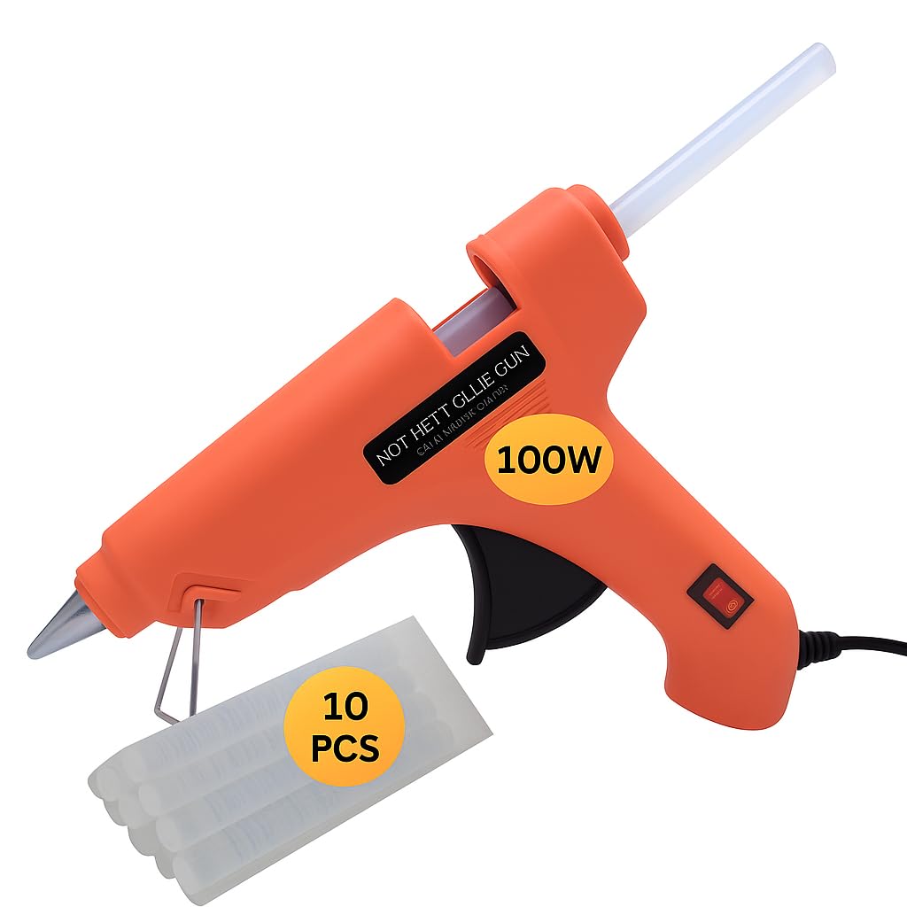 100W Glue Gun (Orange) + 10 Sticks – Hot, Anti-Drip for DIY, Crafts & Repairs