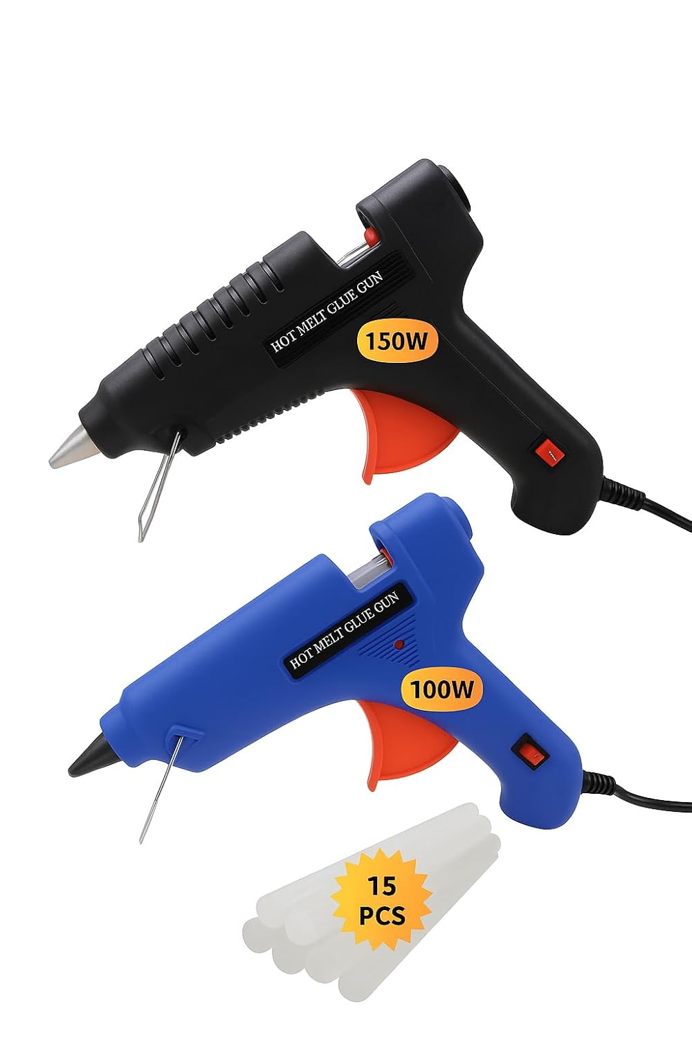 Industrial Heavy Duty Glue Guns Pack of Two (150W Black and 100W any color with 15 Glue Sticks (11 mm x150mm)