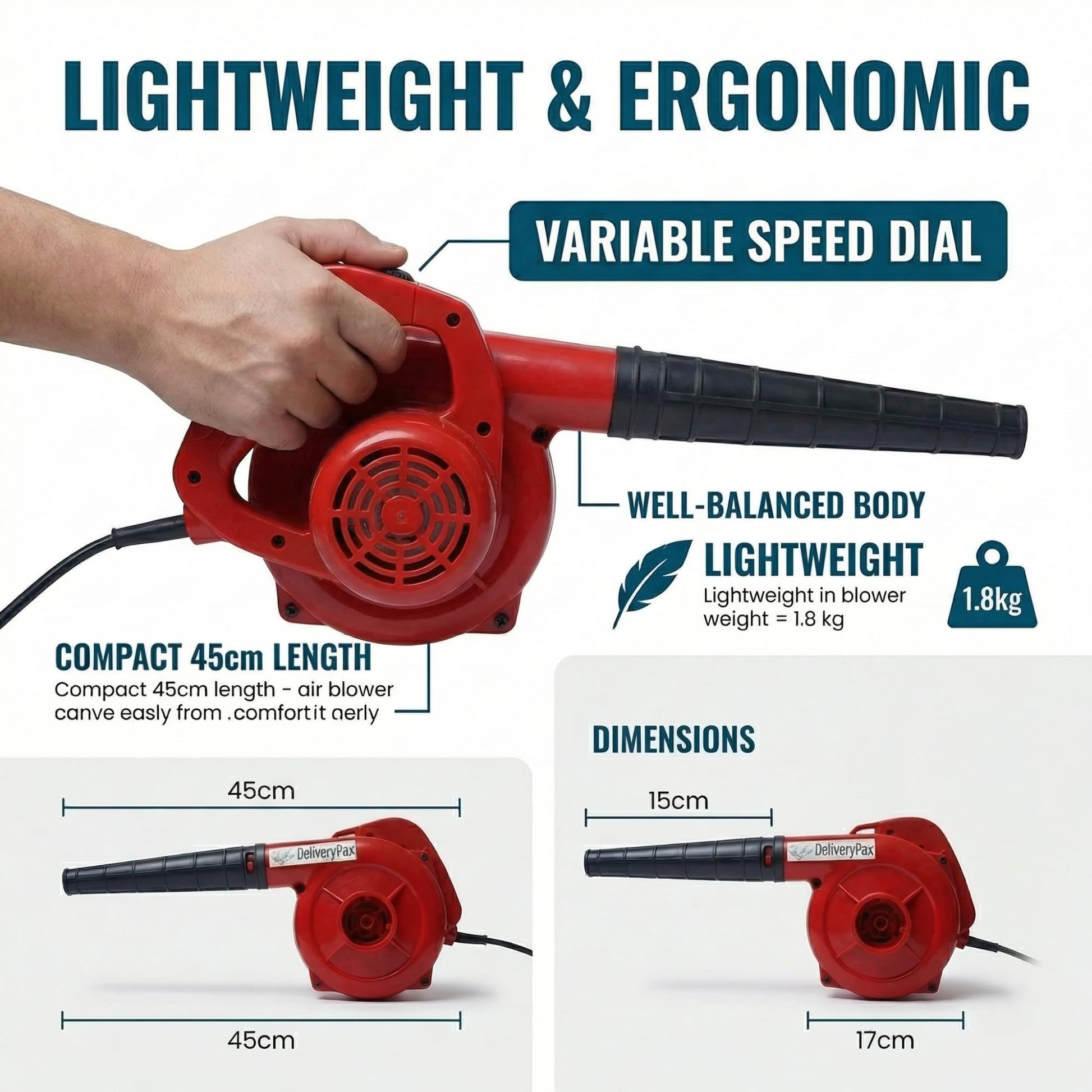 Delivery Pax 600W Electric Air Blower Machine | Blower Fan for Cleaning | Air Blower for Dust Cleaner for Home | Blower for Cleaning | Electric Blower for Leaf Cleaning | Free 4 Meter Cord