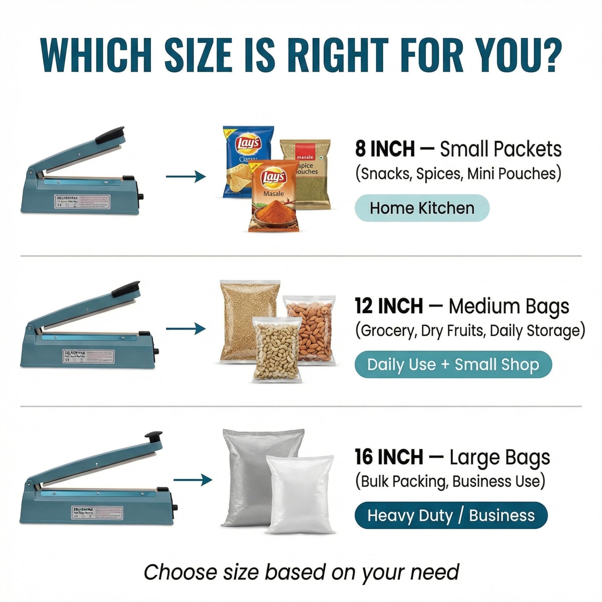 DELIVERYPAX 8-Inch Metal Heat Sealer Machine – Extra Cutting & Sealing Elements, Precision Long-Life Design, Timer Control, Bonus Teflon – Heavy-Duty Packaging Sealing Machine