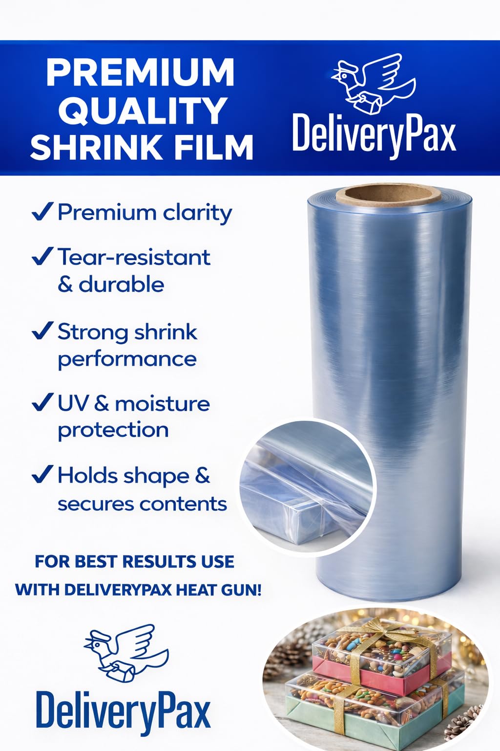 Delivery Pax PVC Heat Shrink Film 10 Inch x 20 Meter | Transparent Heat Shrink Wrap | PVC Shrink Wrap Roll for Packaging | Shrink Wrap for Box Packing, PVC Shrink Film for Packaging (10inch x 20m)