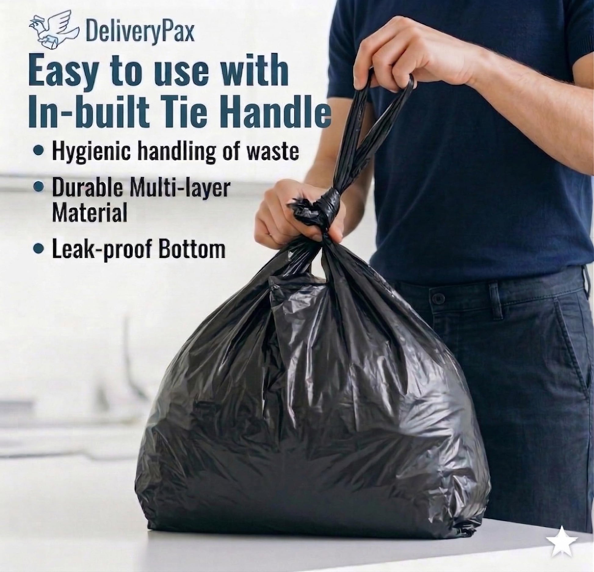 DELIVERY PAX Garbage Bags | Large Size 24 inches x 30 inches | Pack of 3 (50 Bags) | Tie-handle Dustbin Bags | For Dry & Wet Waste | Black