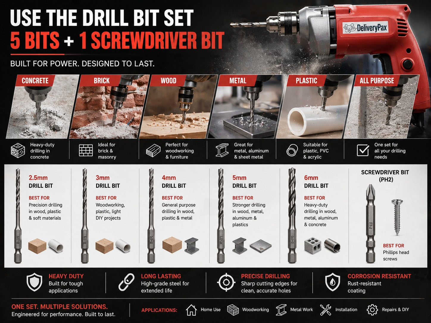 500W Electric Drill for Wood, Metal & Plastic Drilling with 5 Drill Bits & 1 PH-2 Screwdriver Bit